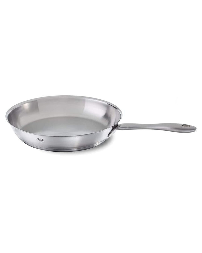 Fissler stainless steel 24 cm frying pan with silver color, durable cookware for home and kitchen use.