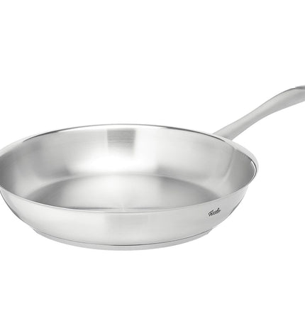 Fissler stainless steel kitchen pan with silver metal finish, ideal for home cooking and cookware use.