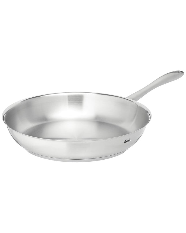 Fissler stainless steel kitchen pan with silver metal finish, ideal for home cooking and cookware use.