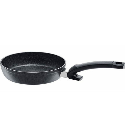 Fissler black aluminum 20cm pan for cooking, with a sleek round shape and sturdy handle, ideal for home kitchen use