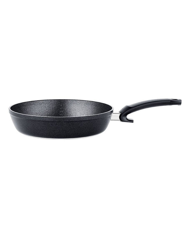 Fissler 15910528100/0 black aluminum frying pan, 28 cm diameter, suitable for home cooking with durable non-stick surface.