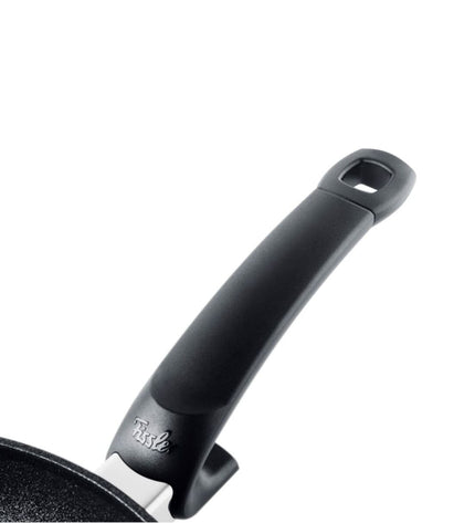 Black Fissler aluminium frying pan with a 28cm diameter, suitable for home cooking and kitchen use.