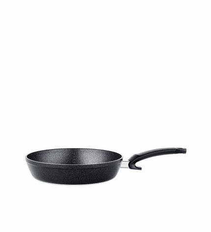 Fissler 28cm black aluminum frying pan for home cooking, with a sturdy handle and non-stick surface.