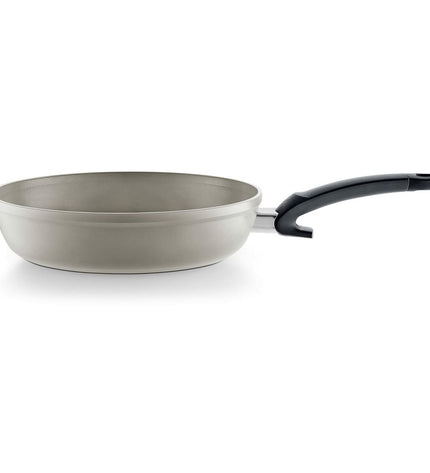Fissler aluminum pan in gray metal finish, suitable for home cooking, shown from top view with smooth cooking surface.