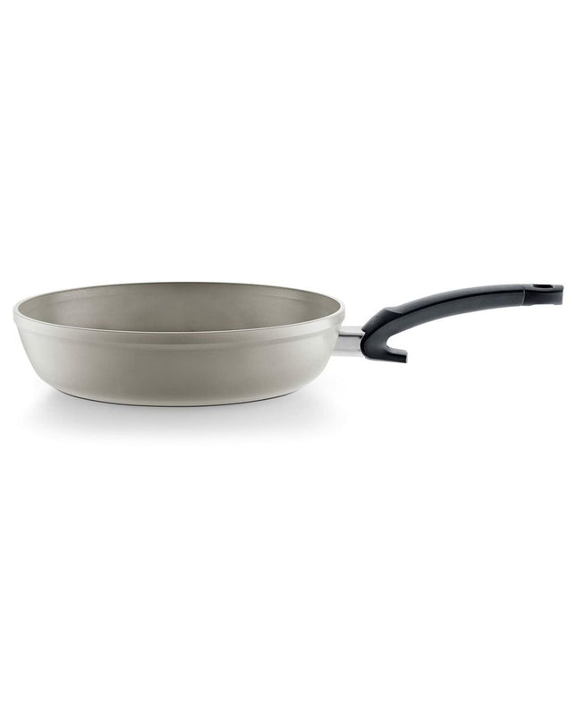 Fissler aluminum pan in gray metal finish, suitable for home cooking, shown from top view with smooth cooking surface.