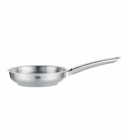 Fissler stainless steel pan with silver-colored finish for home cooking, featuring a durable, polished surface and ergonomic handle.