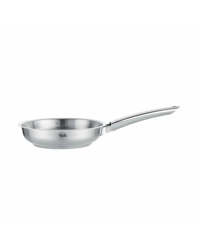 Fissler stainless steel pan with silver-colored finish for home cooking, featuring a durable, polished surface and ergonomic handle.