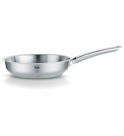 Fissler stainless steel pan with 24cm diameter, silver color, sturdy handle, suitable for cooking and kitchen use.