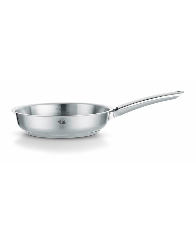 Fissler stainless steel pan with 24cm diameter, silver color, sturdy handle, suitable for cooking and kitchen use.
