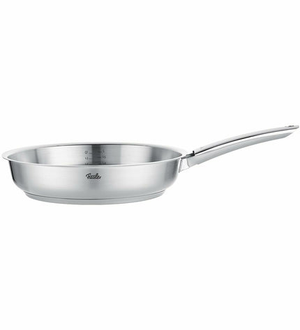 Fissler stainless steel pan in silver color, kitchen cookware for home cooking, high-quality kitchen utensil