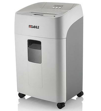 Dahle SHREDMATIC 300 paper shredder with 40-liter bin, office electronics and stationery for secure document disposal.