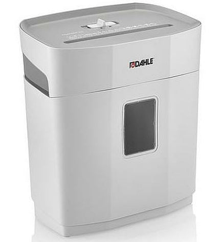 Dahle PS100 paper shredder with 12-liter capacity, office electronics and office supplies, shown on a desk with shredded paper