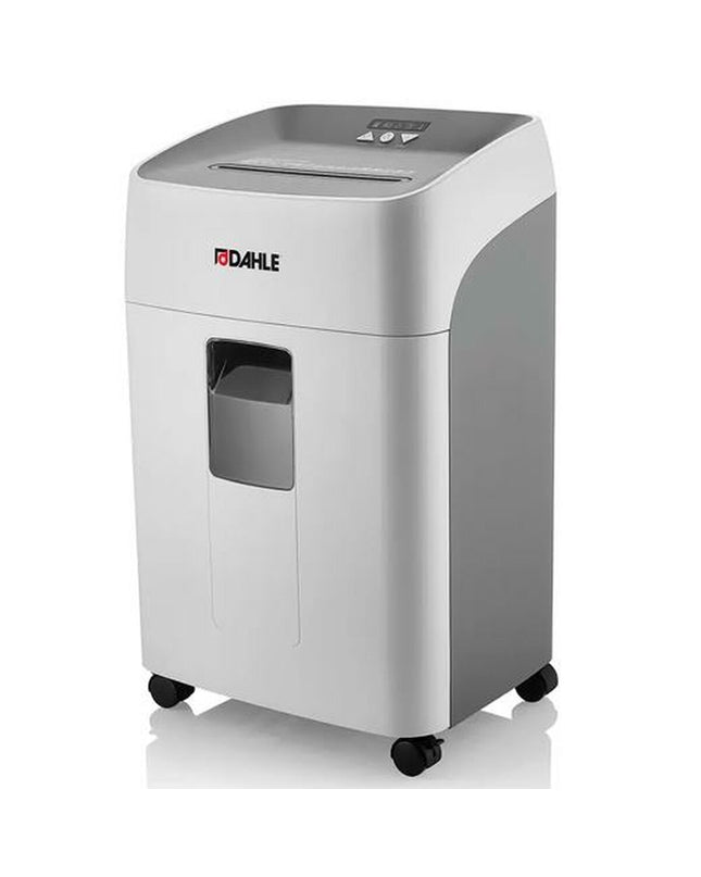 Dahle paper shredder with 40-liter bin, office electronics and stationery, shown in a workspace setting.