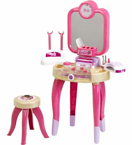 Klein Toys Barbie Happy Vibes Beauty Center playset with pink furniture and accessories for imaginative house and beauty play.