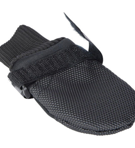 Black Trixie Walker Care Comfort dog shoes on a white background, showcasing their soft material and secure fit for dogs.