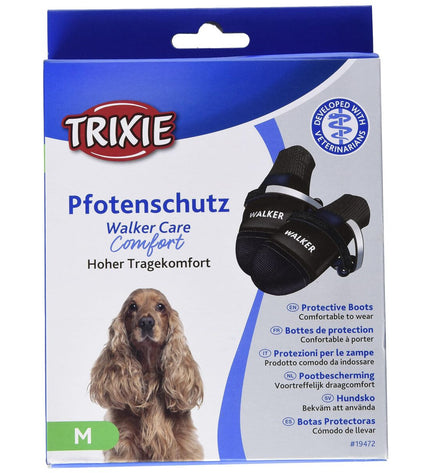 Black Trixie Walker Care Comfort dog shoes for medium-sized dogs, featuring padded soles and adjustable straps for comfort.