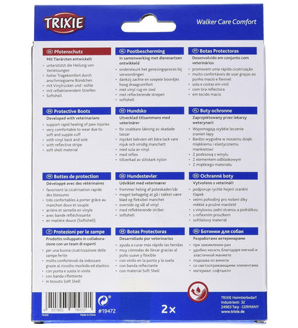 Black Trixie Walker Care Comfort dog shoes for medium-sized dogs, showing the soft, protective design and adjustable straps.
