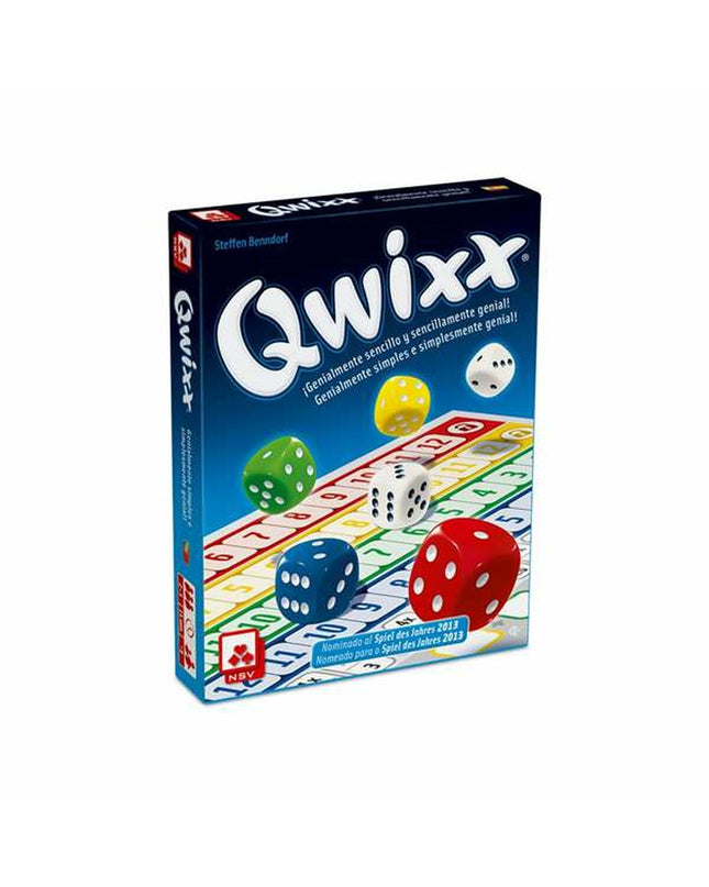 Fournier Qwixx educational game with colorful dice, score sheets, and game tokens on a white background.