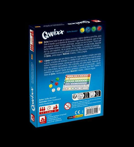 Fournier Qwixx educational game box with colorful cards and game pieces for family fun and strategic gameplay.