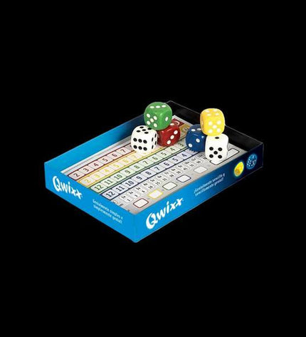 Fournier Qwixx educational game with colorful score sheets and dice for fun classroom or family group play.