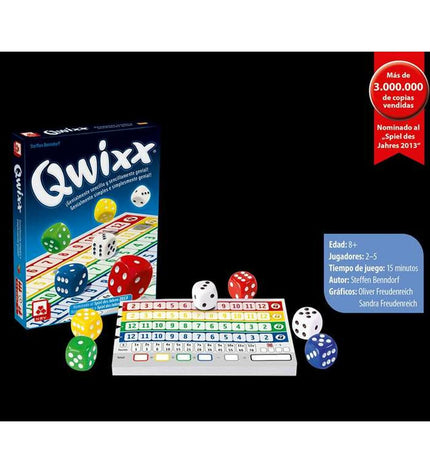 Fournier Qwixx educational game with colorful dice and score sheets, ideal for family and classroom fun.