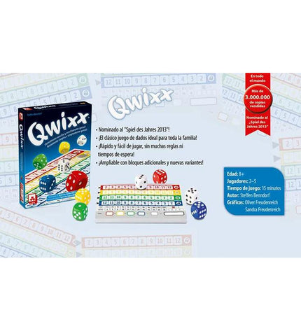 Fournier Qwixx educational game with colorful game cards and dice for fun learning and family gameplay.