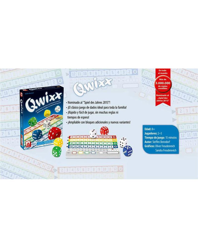 Fournier Qwixx educational game with colorful game cards and dice for fun learning and family gameplay.