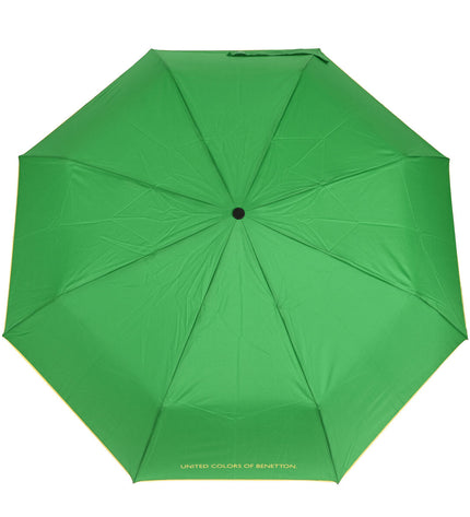 Green Benetton foldable umbrella with a 94 cm diameter, shown open with its compact bagage design.