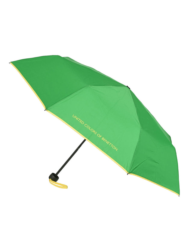 Green Benetton foldable umbrella with 94 cm diameter, designed for travel and easy to carry in luggage.