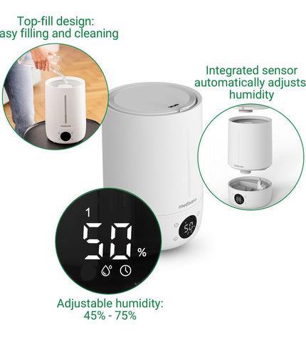 Medisana AH663 portable air humidifier with 4.5L water tank and 30W power, suitable for home and kitchen use.