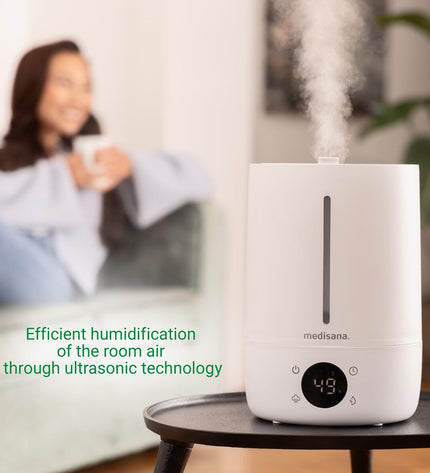 Medisana AH663 portable air humidifier with 4.5L water tank and 30W power, designed for home and kitchen use.