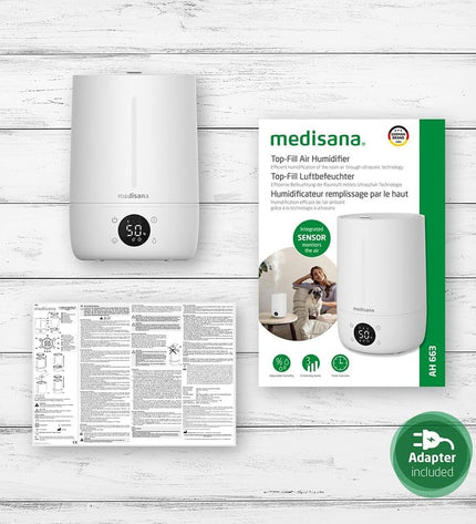 Medisana AH663 portable air humidifier with 4.5L water tank and 30W power, ideal for home and kitchen use.