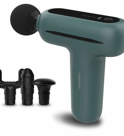 Medisana MG 200 massage gun for relaxation and muscle recovery, handheld device with ergonomic design and massage head attachment.