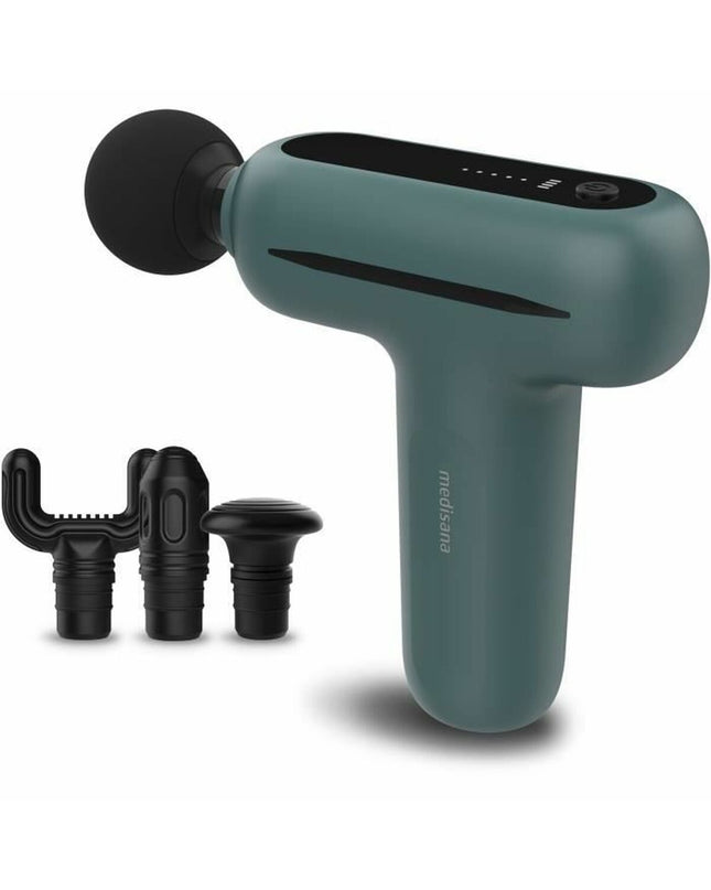 Medisana MG 200 massage gun for relaxation and muscle recovery, handheld device with ergonomic design and massage head attachment.