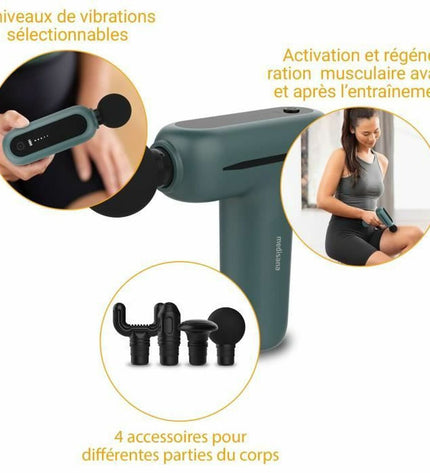 Medisana MG 200 massage gun for muscle relaxation and recovery, shown with ergonomic design and multiple attachment heads.