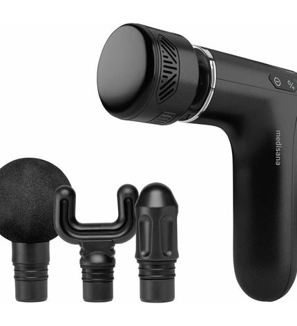 Medisana 88999 massage pistol for muscles, black handheld health and wellness device with ergonomic design.