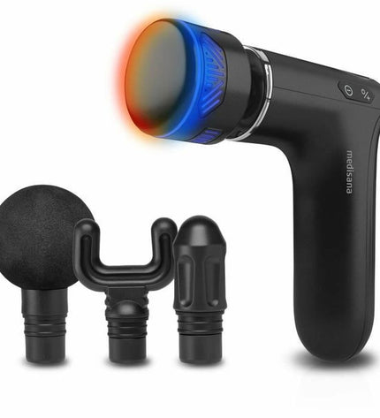 Medisana 88999 warm and cold massage gun for muscles, in black with ergonomic handle and interchangeable massage heads.