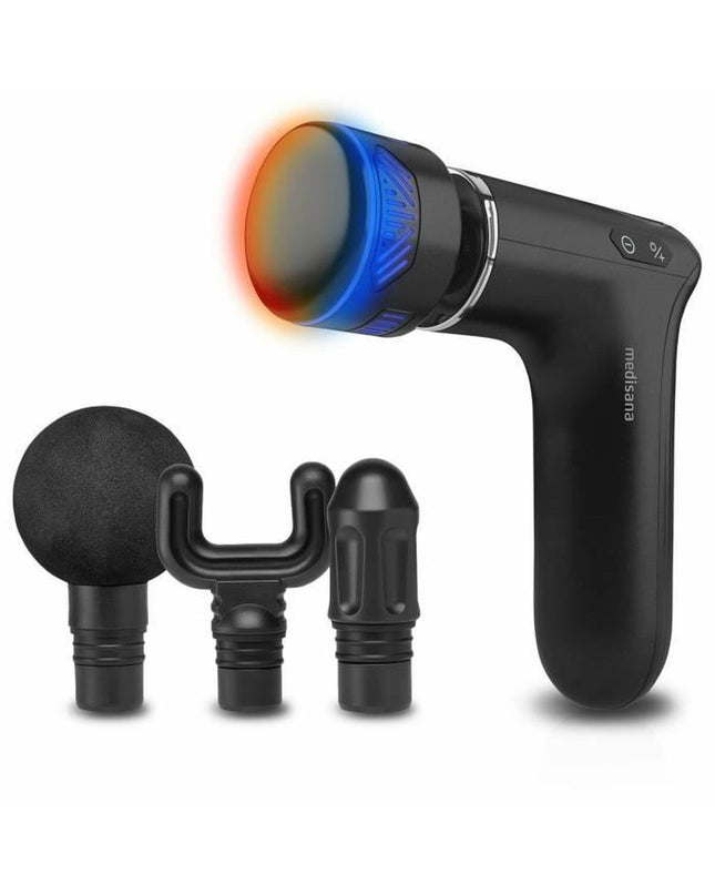 Medisana 88999 warm and cold massage gun for muscles, in black with ergonomic handle and interchangeable massage heads.