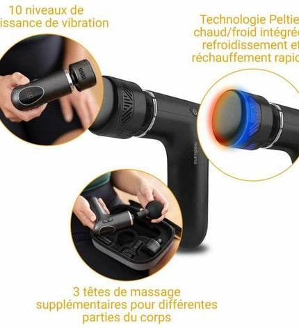 Medisana 88999 massage gun for muscle relief, shown with ergonomic design and massage head in a health and wellness setting.