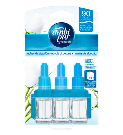 Ambi Pur 3Volution cotton cloud refill for electric air freshener, 20ml, used in home decor and kitchen air freshening.