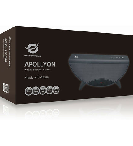 Conceptronic Bluetooth portable speaker in black with control buttons, designed for wireless audio playback and easy mobility.