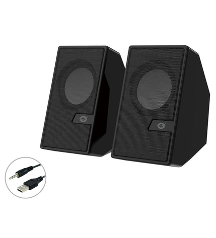 Conceptronic PC-luidsprekers set with two black speakers and control knob for desktop computer audio system.