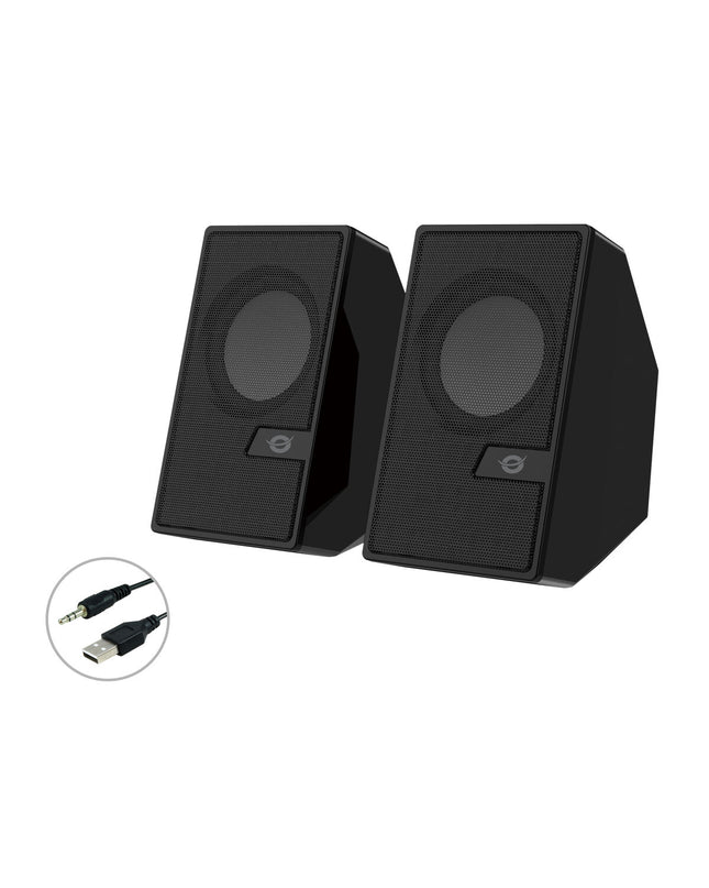 Conceptronic PC-luidsprekers set with two black speakers and control knob for desktop computer audio system.
