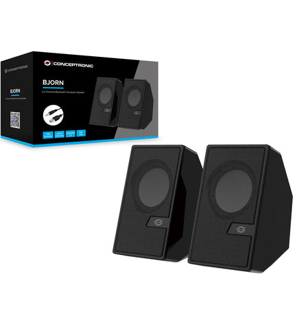 Conceptronic PC speakers with black design, compact size, and connecting cables for computer audio setup.