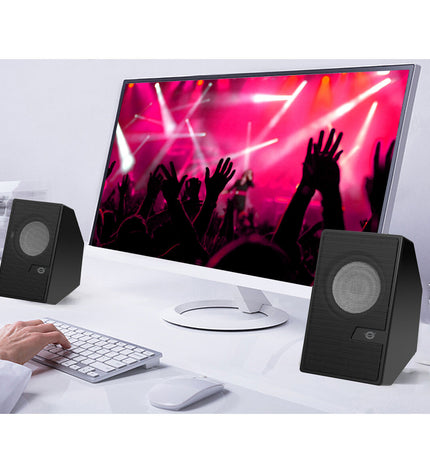 Conceptronic PC speakers with black finish, compact design, and audio jacks for desktop computer setup.