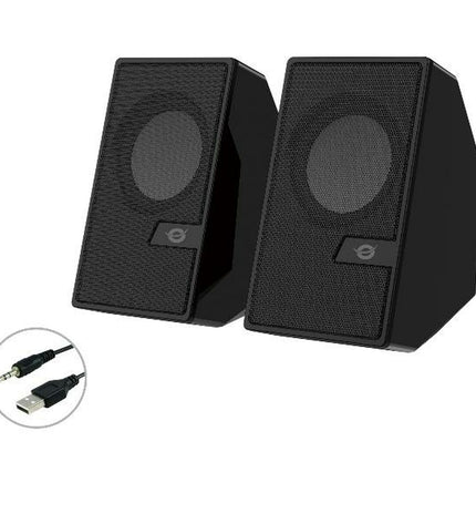 Conceptronic PC speakers in black with volume control and audio jack, designed for computer audio enhancement.