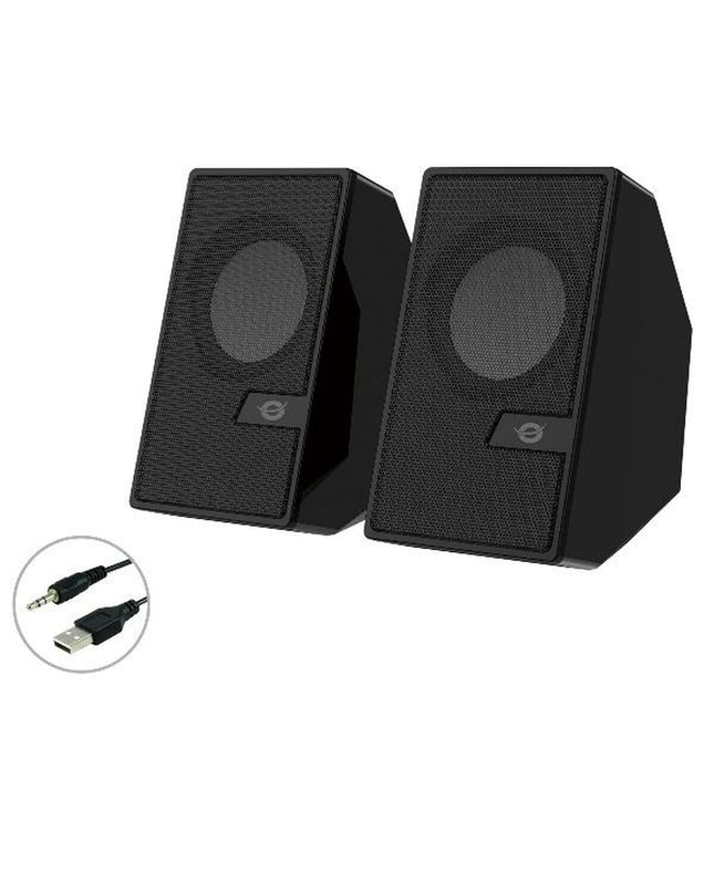 Conceptronic PC speakers in black with volume control and audio jack, designed for computer audio enhancement.