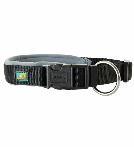 Black Hunter dog collar made of durable material, shown on a dog in a natural setting.