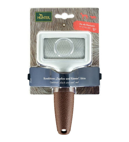 Hunter Rugkammen 2-in-1 dog brush with dual-sided comb for grooming and detangling, designed for easy pet coat care.
