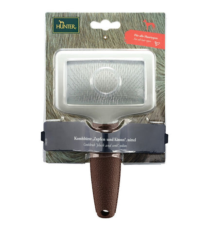 Hunter Dematteerkam 2-in-1 for dogs, showing the dual-sided grooming comb with metal and plastic teeth.